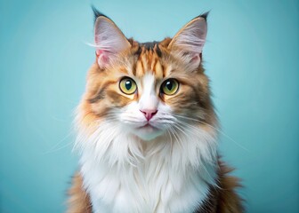 Obraz premium Curious Calico Maine Coon Cat Portrait: Fluffy Tail, Blue Background