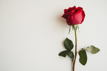 Obraz premium Beautiful single red rose with lush green leaves positioned elegantly against a minimalist light background for floral arrangements, gifts, and romantic occasions.