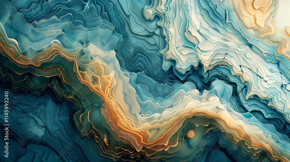 Poster ultra-wide abstract topographic contour map with blue gradient lines and detailed vector background 