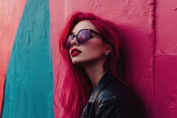 Fototapeta premium A woman with striking red hair and trendy sunglasses leans against a wall, exuding confidence and style