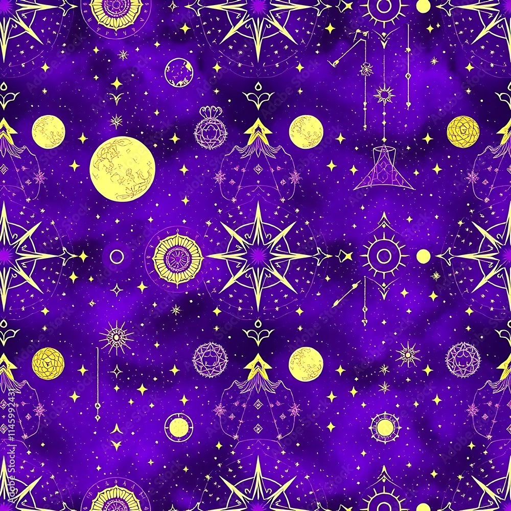 Poster cosmic dreamscape: a seamless pattern featuring celestial bodies and geometric patterns against a vi