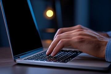 Success form hard work and dedication. Close-up of hands typing on a laptop in low light.