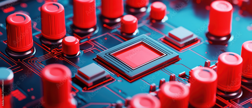 Poster top view of control panel featuring glowing red buttons and central chip, showcasing intricate circu