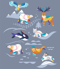 Set of snowy animals isolated on grey background. Vector illustration