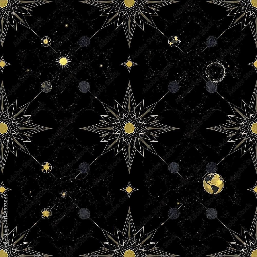 Poster celestial gold: a seamless pattern of stars and planets