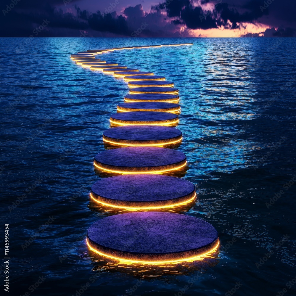 Poster dreams and success for reality. illuminated path over calm water at twilight.