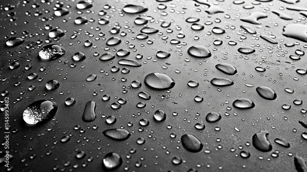 Poster close-up view of fresh water droplets forming patterns on a smooth gray surface, emphasizing texture