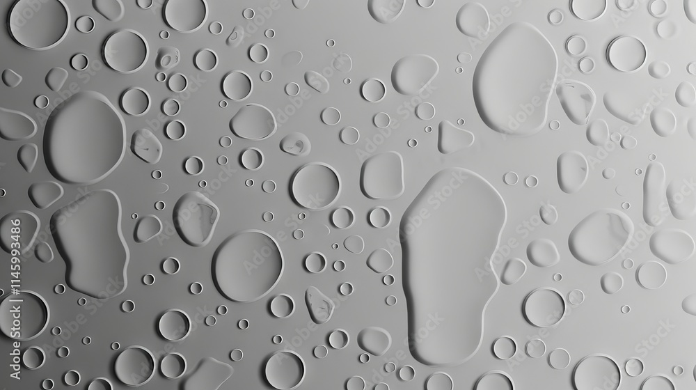 Poster close-up view of fresh water droplets forming patterns on a smooth gray surface, emphasizing texture
