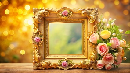 Gold Picture Frame Mockup: Elegant Photo Frame Decoration Medium Shot