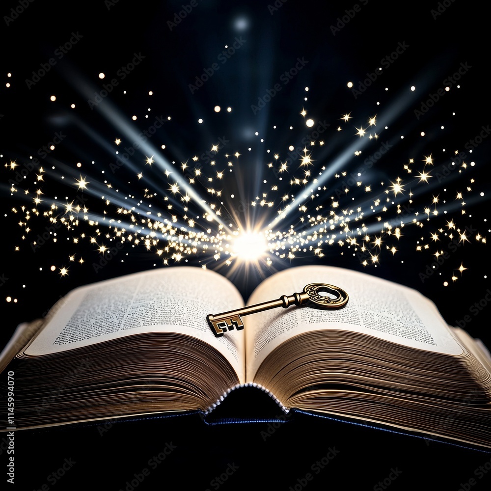 Poster dreams and success for reality. open book with a key and sparkling light effects.