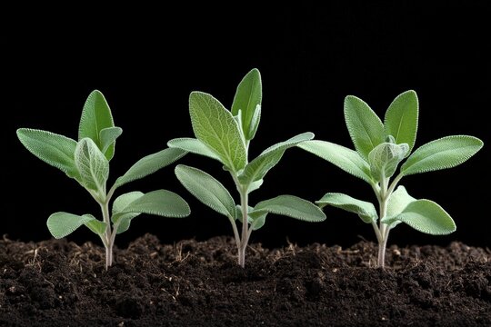 Three young sage plants rise from the rich soil, their velvety leaves showcasing a fresh and organic vibe while ready to explore the natural world beyond.