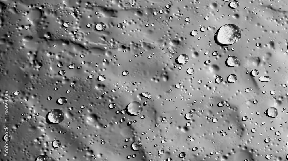 Poster close-up view of fresh water droplets forming patterns on a smooth gray surface, emphasizing texture