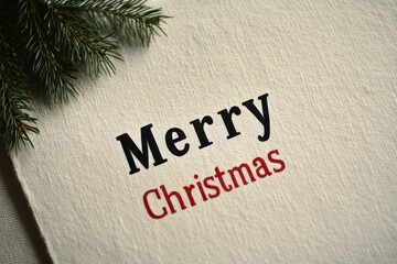 A textured greeting card displaying 'Merry Christmas' with a fir branch decoration in the corner, encapsulating the spirit of holiday joy and warmth.