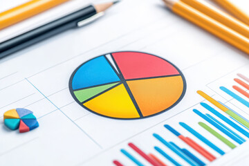 Fototapeta premium Colorful pie chart and bar graph on desk with office supplies, showcasing data analysis and presentation