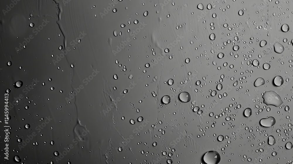 Poster close-up view of fresh water droplets forming patterns on a smooth gray surface, emphasizing texture