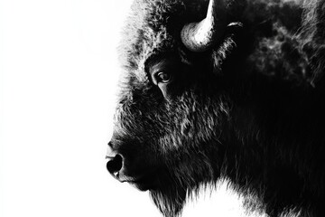 A captivating abstract monochrome art piece depicting a bison in interplay of light and shadow, emphasizing its strong features and symbolic presence in a stark setting.