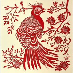 Fototapeta premium Elegant Red Paper Cut Design Featuring a Stunning Bird Surrounded by Delicate Blossoms and Foliage, Showcasing Traditional Artistry and Cultural Heritage