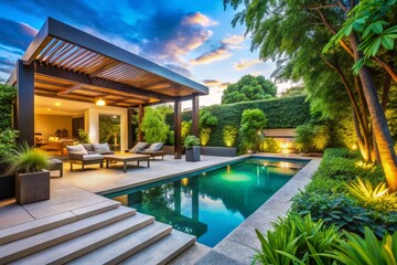 Fototapeta premium Luxury Poolside Pergola Design: Modern Backyard Oasis with Lush Greenery - Eye Level View
