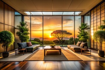 Fototapeta premium Luxury Japanese Living Room Garden View Silhouette Photography - Modern Home Interior Design