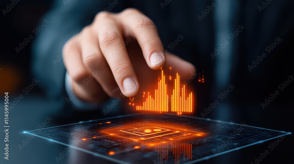 Poster hand interacting with glowing digital interface displaying data analytics