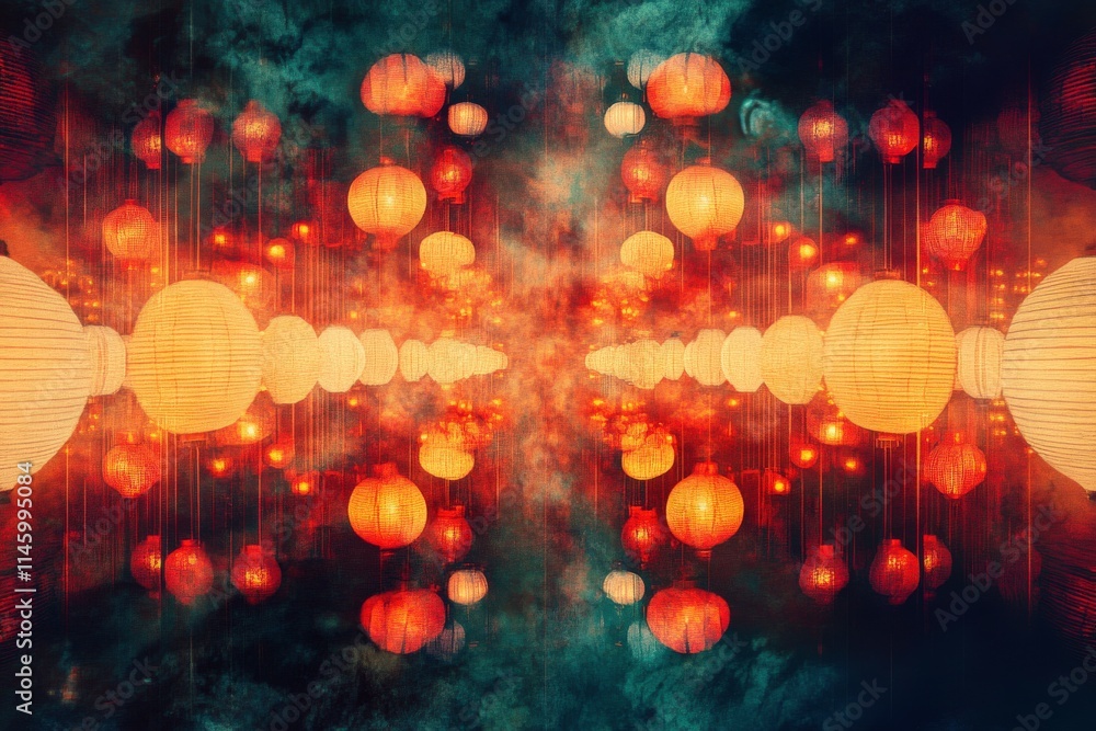 Poster captivating scene of illuminated lanterns floating in a dreamlike atmosphere with vibrant hues and e