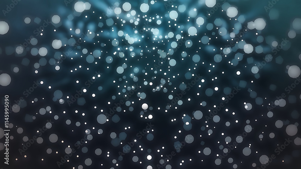Poster midnight blue background with soft, luminous white points shimmering across the surface. the dots va