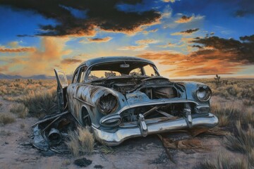 Fototapeta premium Abandoned classic car standing alone in sandy dunes, perfect for desert-themed or vintage-inspired projects