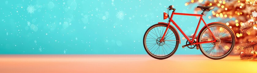 Fototapeta premium vibrant bike stands against festive backdrop, adorned with lights and snowflakes, evoking cheerful holiday spirit