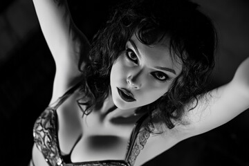 A striking black and white close-up portrait capturing a woman with intense expression, highlighted in exquisite lingerie, exuding mystery and allure in dramatic lighting.