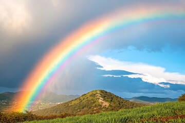 Naklejka premium Results follow success and optimism. Vibrant rainbow arching over green hills and blue sky.