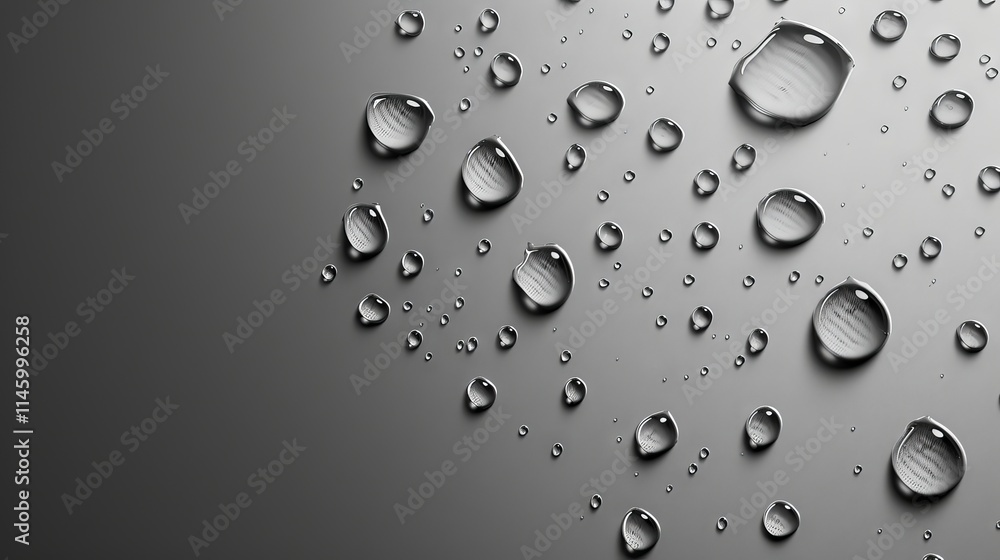 Poster close-up view of fresh water droplets forming patterns on a smooth gray surface, emphasizing texture