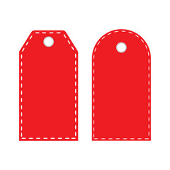 A simple red tag design featuring two tags with stitched borders and round holes for hanging. Ideal for price tags, labels, or custom tag designs in retail or gifting applications.