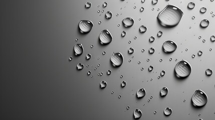 Close-up view of fresh water droplets forming patterns on a smooth gray surface, emphasizing texture and moisture.