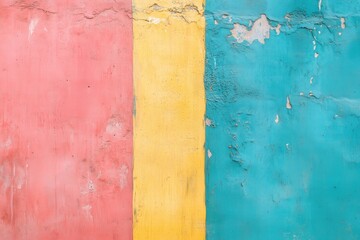 A textured wall featuring three vertical stripes in pink, yellow, and turquoise. The paint is peeling, revealing the underlying surface.