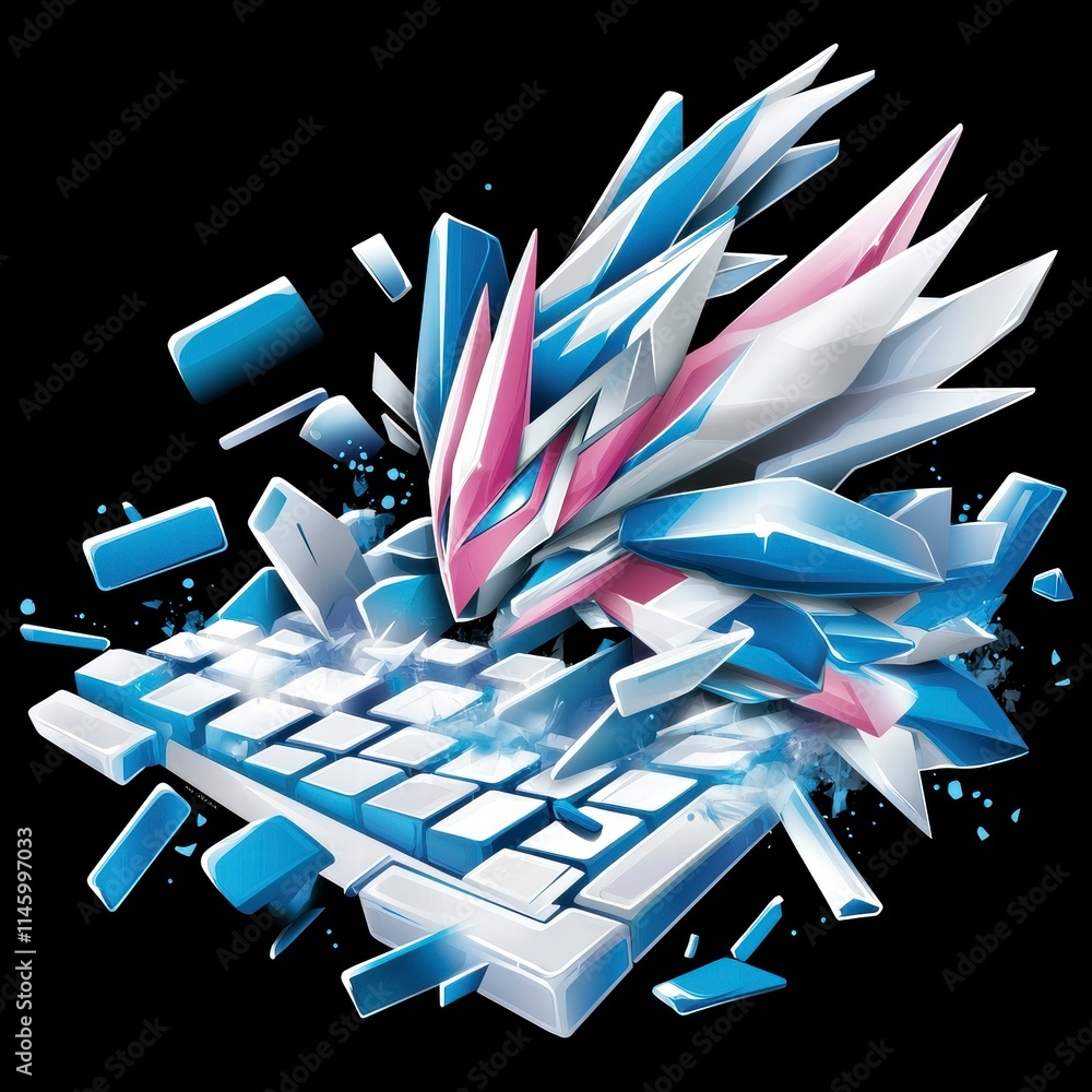 Poster dynamic crystal creature breaking through a keyboard digital art futuristic environment close-up vie