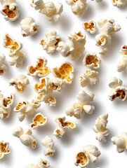 Fototapeta premium A photostock of light and fluffy popcorn scattered symmetrically, isolated on a clean white background, fun and appetizing, High Quality