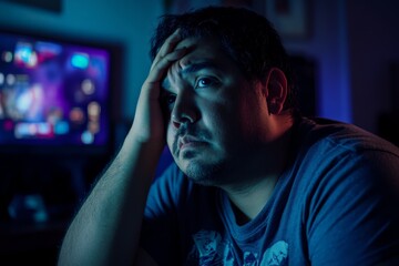 In a blue-tinted room, a man holds his head with a pondering expression, conveying a deep sense of concern and contemplation amidst a digital backdrop.