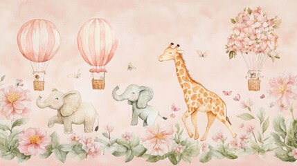 Whimsical watercolor mural depicts animals cycling amidst hot air balloons against a soft pink backdrop. Ideal for a girl's room, this mural features adorable illustrations of a giraffe, elephant
