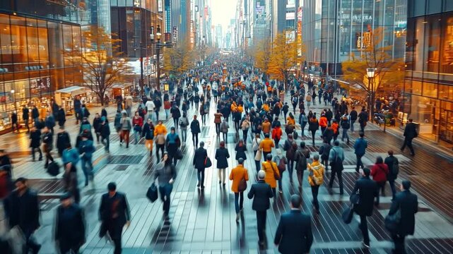 Urban Rhythm: A captivating aerial view of a bustling city street, teeming with anonymous figures moving in a rhythmic flow. The image captures the energy and dynamism of urban life. 
