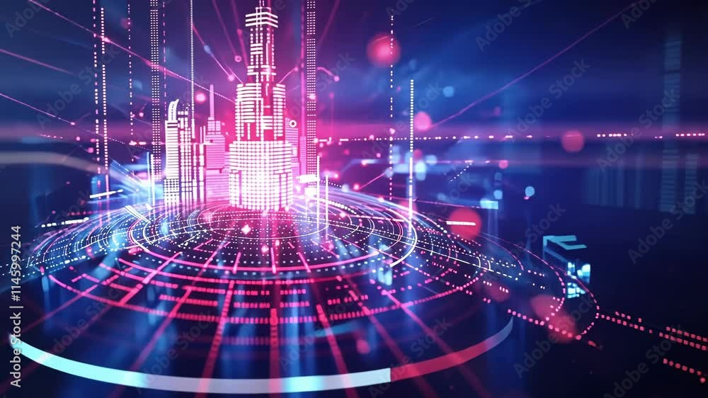 Poster complex network of interconnected lines and nodes creating a futuristic cityscape, symbolizing globa