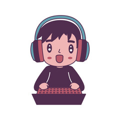Cheerful Cute Gamer Boy Kid Character Wearing Headset Enjoying Playing Game with Laptop
