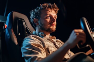 Man in a light shirt intensely focused on a driving simulation, gripping the steering wheel, with a serious expression and dark backdrop creating atmosphere.
