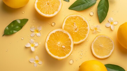 Fototapeta premium Fresh lemon slices with white petals on a yellow background