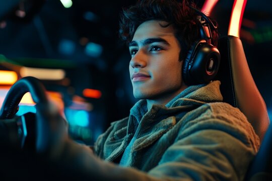 A focused young man wearing a headset, engaged in a gaming session, seated in a vibrant, colorful gaming environment with lights and screens around.