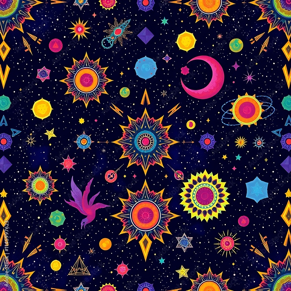 Poster cosmic tapestry: a vibrant and intricate pattern of stars, planets, and celestial objects in a dazzl