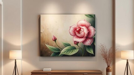 Oil painting of pink flower leaves on canvas with botanical print background, oil painting, background, interior