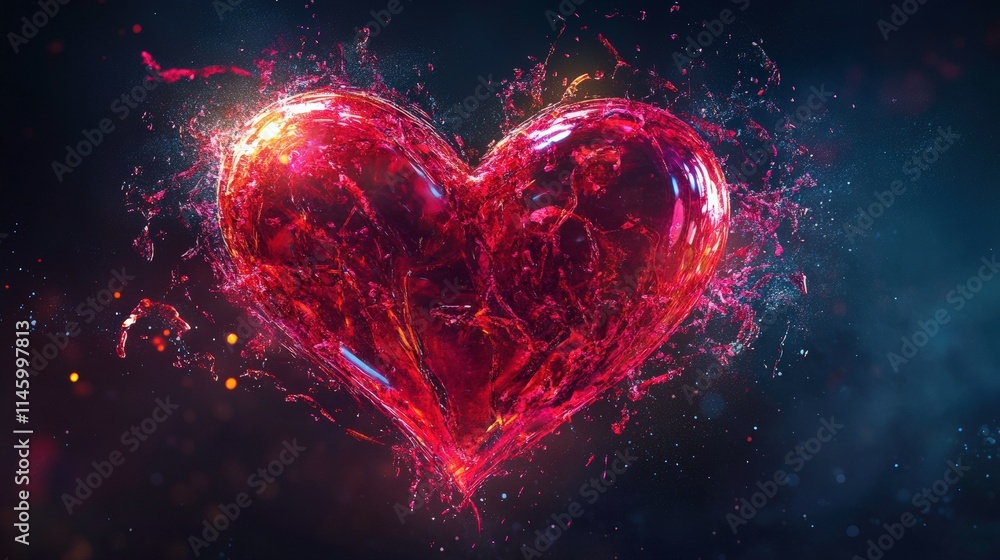 Poster vibrant heart shape with splashes of liquid and dynamic light effects against a dark background for 