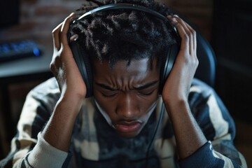 Fototapeta premium A person wearing headphones appears intensely focused and emotional, possibly absorbed in music or gaming, expressing deep concentration and engagement.