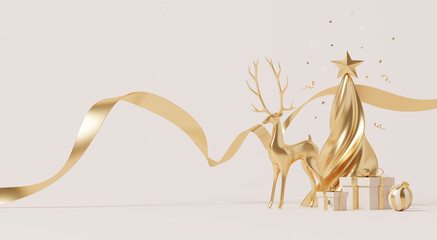 3D render, Happy new year and Merry Christmas background decorated with golden reindeer and ribbon holiday scene with tree. © TANATPON