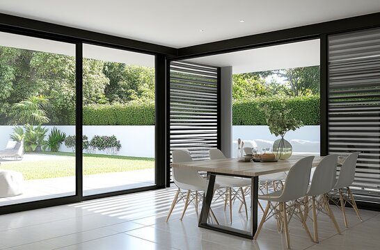 Fototapeta An interior photo of a dining room with white chairs and a table, large sliding doors open to the backyard in a modern-style home
